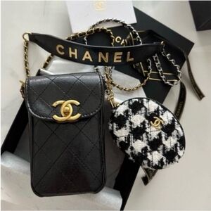 CHANEL CC Black purse Bag Set logo gold tweed chain crossbody phone wallet